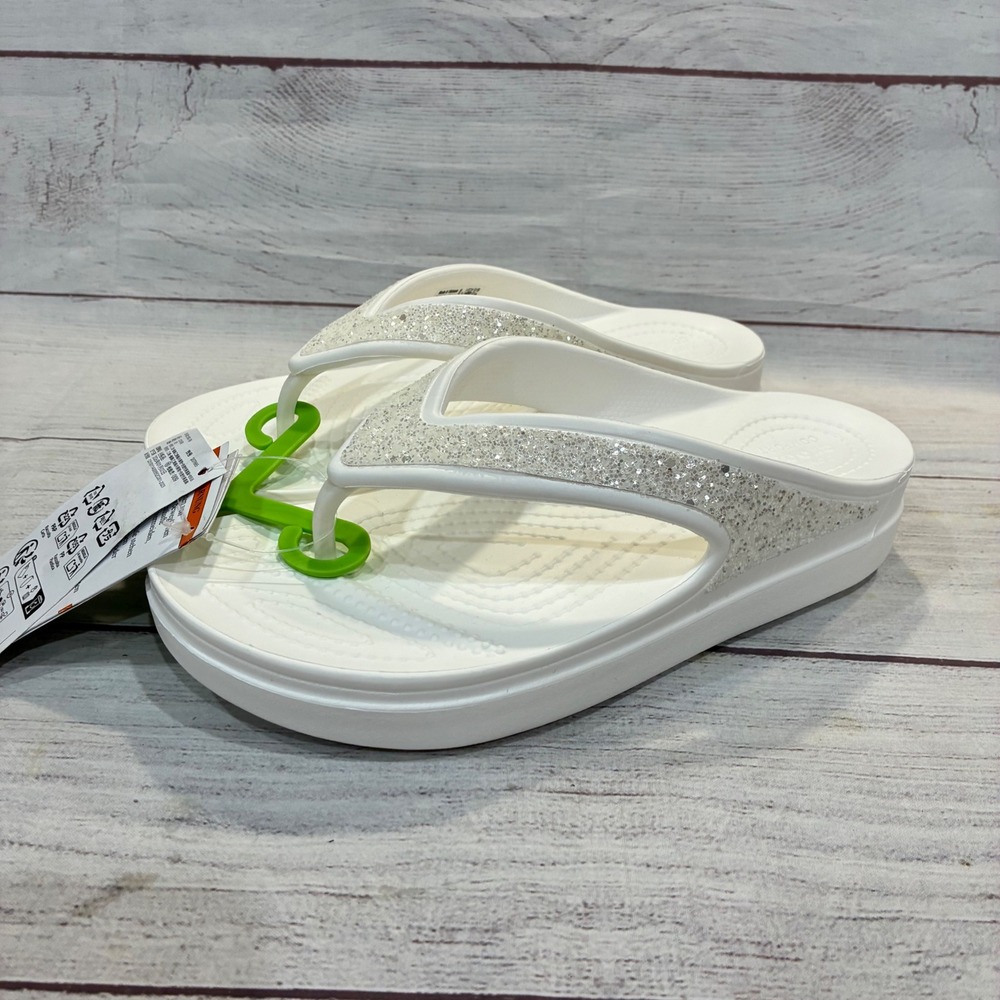 Crocs Sloane Glitter Wedge‎ Flip Flops Womens 7 White Platform 207665-100 NWT